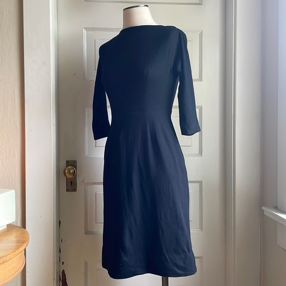 Vintage 1960’s Black Wool Wiggle Dress w Back Metal Zipper, Slash Neck & Pocket - Picture 1 of 16